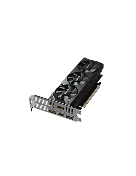 Gigabyte RTX 5060 OC Low Profile 8G GDDR7 vaizdo plokštė – vaizdas kampu su laikikliu