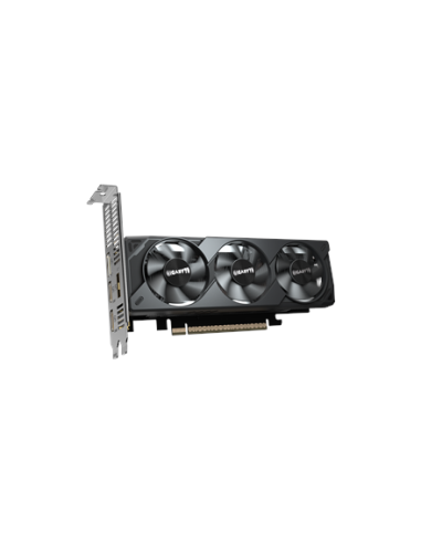Gigabyte RTX 5050 OC Low Profile 8G GDDR6 vaizdo plokštė – vaizdas iš priekio su laikikliu