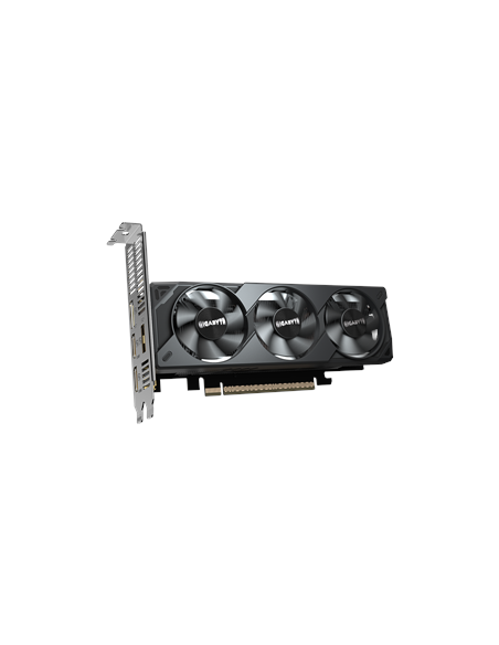 Gigabyte RTX 5050 OC Low Profile 8G GDDR6 vaizdo plokštė – vaizdas iš priekio su laikikliu