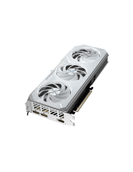 Gigabyte RX 9060 XT GAMING OC ICE 16G GDDR6 balta vaizdo plokštė – vaizdas kampu iš viršaus