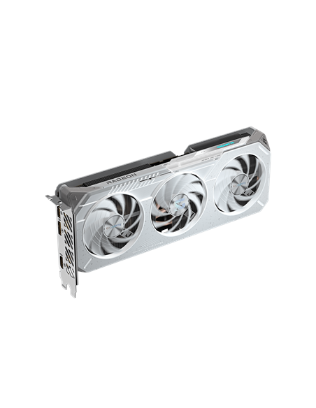 Gigabyte RX 9060 XT GAMING OC ICE 16G GDDR6 balta vaizdo plokštė – vaizdas kampu iš kitos pusės