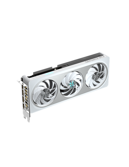 Gigabyte RTX 5060 AERO OC 8G GDDR7 balta vaizdo plokštė – vaizdas kampu iš kitos pusės