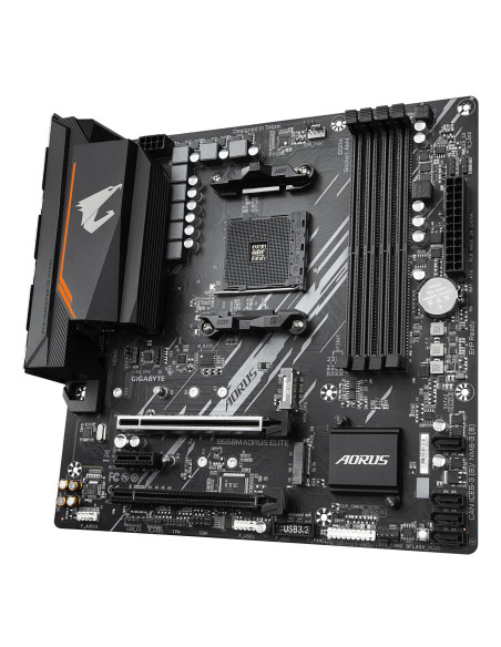 GIGABYTE B550M AORUS ELITE pagrindinė plokštė – procesoriaus ir atminties lizdai kampu