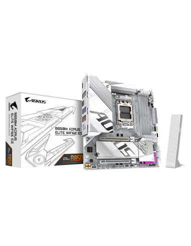 GIGABYTE B850M AORUS ELITE WF6E ICE pagrindinė plokštė – plokštė ir pakuotė
