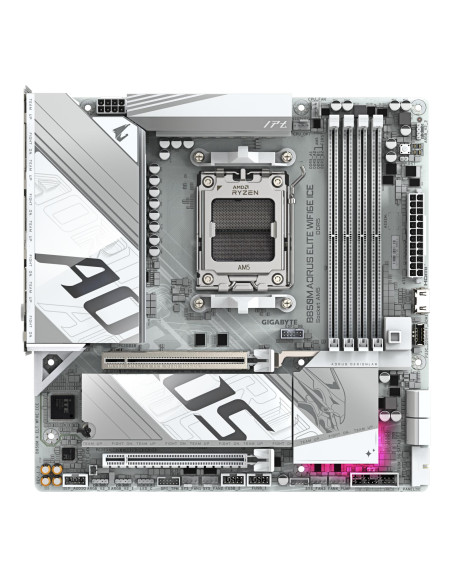 GIGABYTE B850M AORUS ELITE WF6E ICE pagrindinė plokštė – vaizdas iš viršaus
