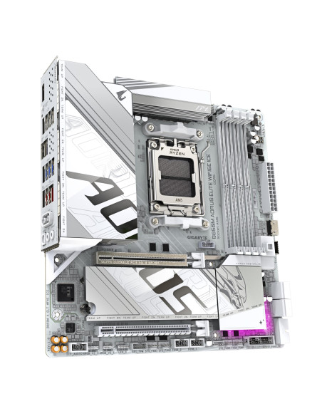 GIGABYTE B850M AORUS ELITE WF6E ICE pagrindinė plokštė – plokštės vaizdas kampu