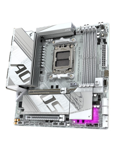 GIGABYTE B850M AORUS ELITE WF6E ICE pagrindinė plokštė – radiatoriai ir komponentai kampu