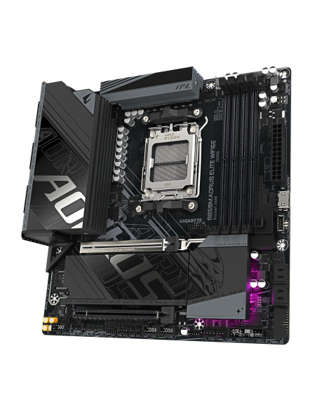GIGABYTE B850M AORUS ELITE WF6E pagrindinė plokštė – plokštės vaizdas kampu