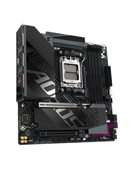 GIGABYTE B850M AORUS ELITE WF6E pagrindinė plokštė – radiatoriai ir komponentai kampu