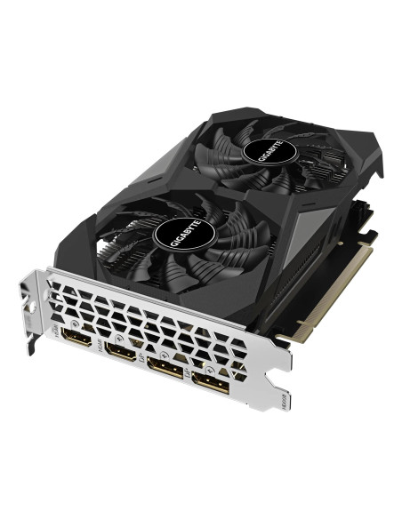GIGABYTE GeForce RTX 3050 WINDFORCE OC V2 6GB vaizdo plokštė – aušinimo sistemos vaizdas kampu