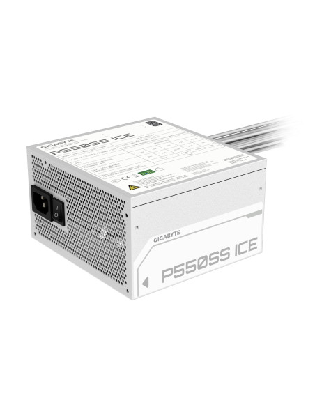 GIGABYTE P550SS ICE 550W maitinimo blokas – elektros įvadas ir techninių duomenų etiketė