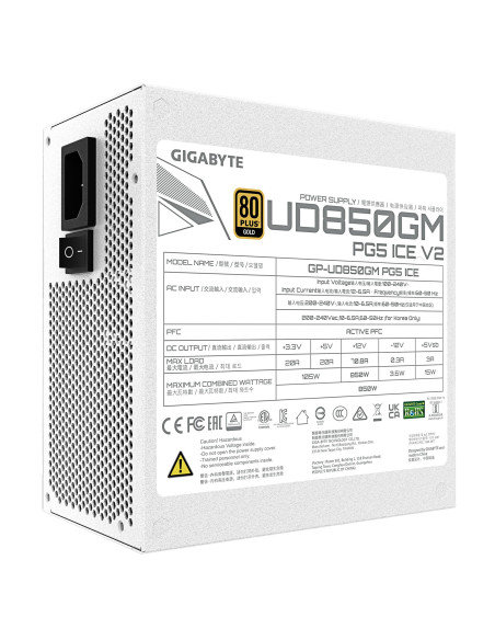 GIGABYTE UD850GM PG5 ICE 850W maitinimo blokas – techninių duomenų etiketė