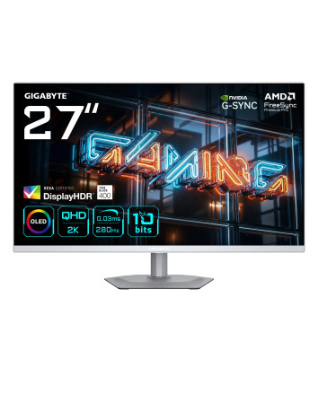 GIGABYTE MO27Q2A ICE 27 colių QD-OLED QHD monitorius – ekranas ir pagrindiniai parametrai