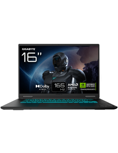 GIGABYTE GAMING A16 3VH RTX 5060 nešiojamas žaidimų kompiuteris – 16 colių ekranas ir pagrindinių funkcijų iliustracija