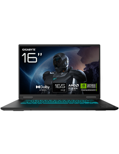 GIGABYTE GAMING A16 3VH RTX 5060 nešiojamas žaidimų kompiuteris – 16 colių ekranas ir pagrindinių funkcijų iliustracija