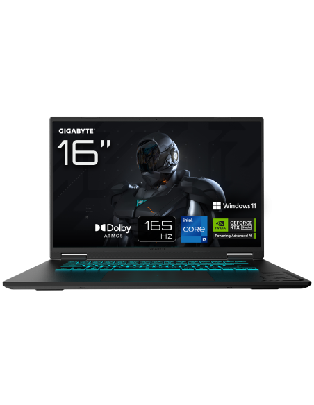 GIGABYTE GAMING A16 CVH RTX 5060 nešiojamas žaidimų kompiuteris – 16 colių ekranas ir pagrindinių funkcijų iliustracija