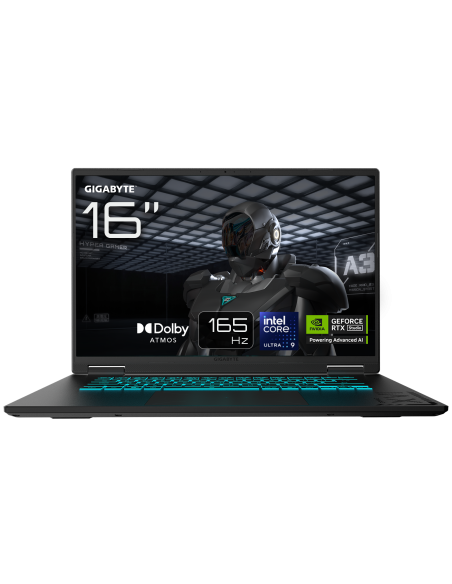 GIGABYTE GAMING A16 EVH RTX 5060 nešiojamas žaidimų kompiuteris – 16 colių ekranas ir pagrindinių funkcijų iliustracija