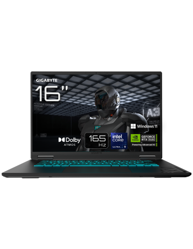 GIGABYTE GAMING A16 EVH RTX 5060 nešiojamas žaidimų kompiuteris – 16 colių ekranas ir pagrindinių funkcijų iliustracija