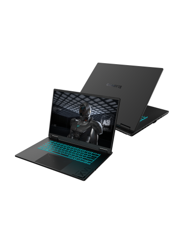 GIGABYTE GAMING A16 EVH RTX 5060 nešiojamas žaidimų kompiuteris – atidarytas kompiuteris kampu ir galinis dangtis