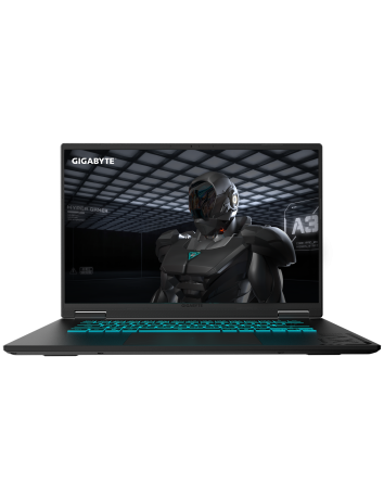 GIGABYTE GAMING A16 EWH RTX 5070 nešiojamas žaidimų kompiuteris – vaizdas iš priekio