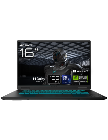 GIGABYTE GAMING A16 EWH RTX 5070 nešiojamas žaidimų kompiuteris – 16 colių ekranas ir pagrindinių funkcijų iliustracija