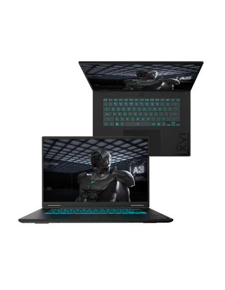 GIGABYTE GAMING A16 EWH RTX 5070 nešiojamas žaidimų kompiuteris – ekranas ir klaviatūra iš priekio bei iš viršaus