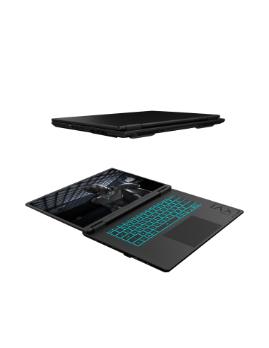 GIGABYTE GAMING A16 EWH RTX 5070 nešiojamas žaidimų kompiuteris – atidarytas ir uždarytas korpusas kampu