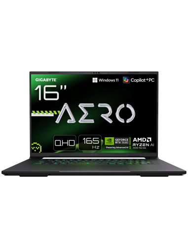 GIGABYTE AERO X16 4WH RTX 5070 nešiojamas žaidimų kompiuteris – 16 colių ekranas ir pagrindinių funkcijų iliustracija