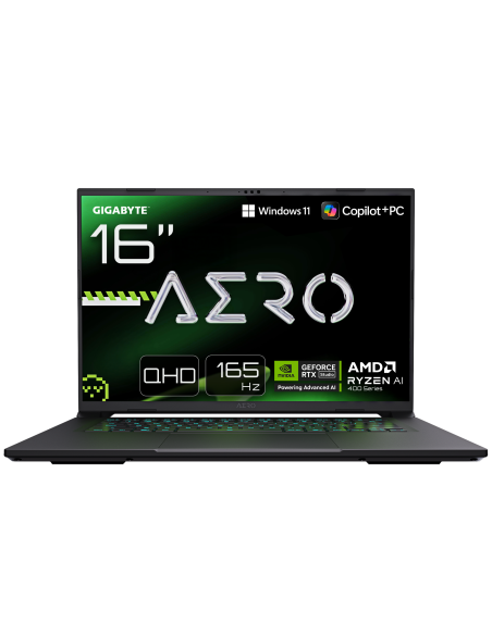 GIGABYTE AERO X16 4WH RTX 5070 nešiojamas žaidimų kompiuteris – 16 colių ekranas ir pagrindinių funkcijų iliustracija