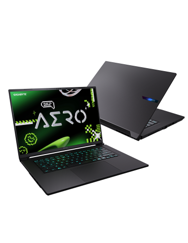 GIGABYTE AERO X16 4WH RTX 5070 nešiojamas žaidimų kompiuteris – atidarytas kompiuteris kampu ir galinis dangtis