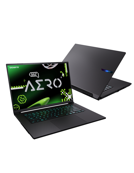 GIGABYTE AERO X16 4WH RTX 5070 nešiojamas žaidimų kompiuteris – atidarytas kompiuteris kampu ir galinis dangtis