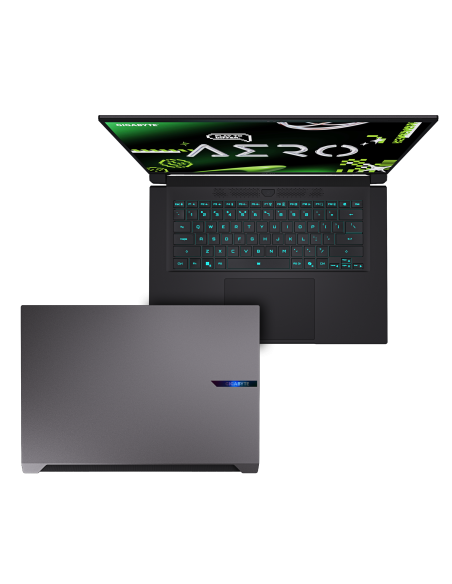 GIGABYTE AERO X16 4WH RTX 5070 nešiojamas žaidimų kompiuteris – klaviatūra iš viršaus ir uždaryto korpuso dangtis
