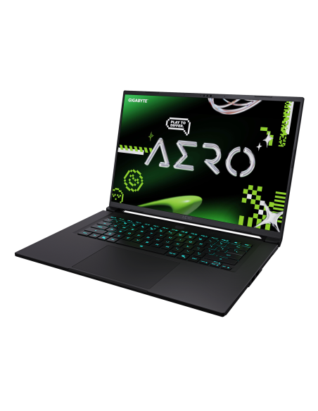 GIGABYTE AERO X16 4WH RTX 5070 nešiojamas žaidimų kompiuteris – atidarytas ekranas ir klaviatūra kampu