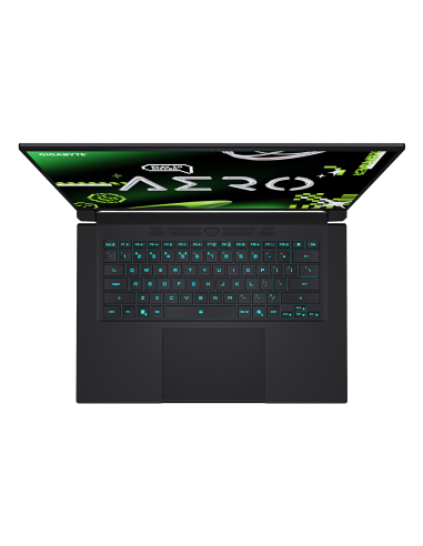 GIGABYTE AERO X16 4WH RTX 5070 nešiojamas žaidimų kompiuteris – klaviatūra ir jutiklinis kilimėlis iš viršaus
