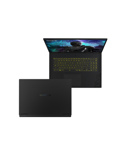GIGABYTE GAMING A18 3VH RTX 5060 nešiojamas žaidimų kompiuteris – atidarytas kompiuteris kampu ir galinis dangtis