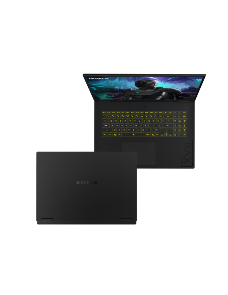 GIGABYTE GAMING A18 3VH RTX 5060 nešiojamas žaidimų kompiuteris – atidarytas kompiuteris kampu ir galinis dangtis