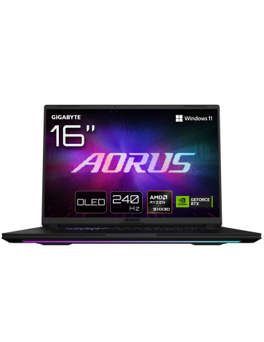 GIGABYTE AORUS MASTER 16 RTX 5090 nešiojamas žaidimų kompiuteris – 16 colių ekranas ir pagrindinių funkcijų iliustracija