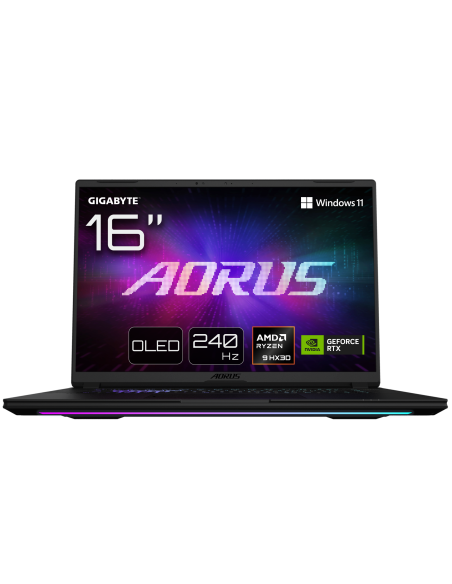 GIGABYTE AORUS MASTER 16 RTX 5090 nešiojamas žaidimų kompiuteris – 16 colių ekranas ir pagrindinių funkcijų iliustracija