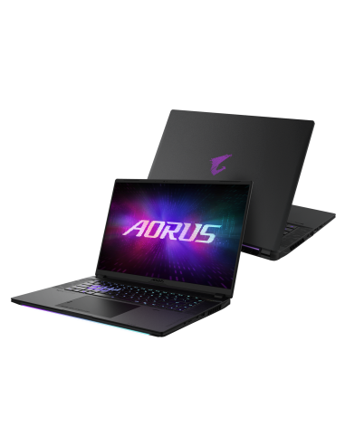 GIGABYTE AORUS MASTER 16 RTX 5090 nešiojamas žaidimų kompiuteris – atidarytas kompiuteris kampu ir galinis dangtis