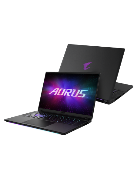 GIGABYTE AORUS MASTER 16 RTX 5090 nešiojamas žaidimų kompiuteris – atidarytas kompiuteris kampu ir galinis dangtis