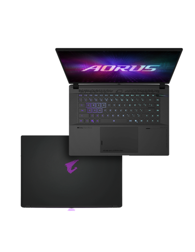GIGABYTE AORUS MASTER 16 RTX 5090 nešiojamas žaidimų kompiuteris – klaviatūra iš viršaus ir uždaryto korpuso dangtis