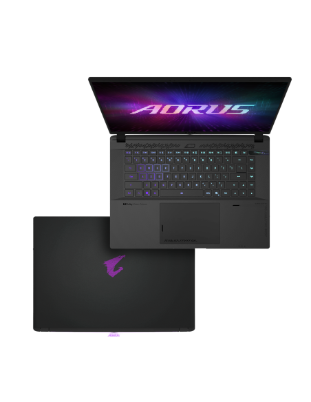 GIGABYTE AORUS MASTER 16 RTX 5090 nešiojamas žaidimų kompiuteris – klaviatūra iš viršaus ir uždaryto korpuso dangtis