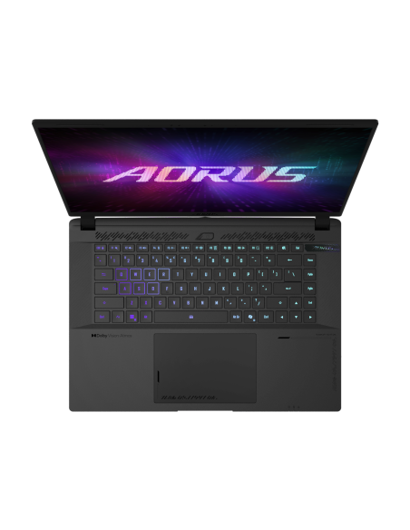 GIGABYTE AORUS MASTER 16 RTX 5090 nešiojamas žaidimų kompiuteris – klaviatūra ir jutiklinis kilimėlis iš viršaus